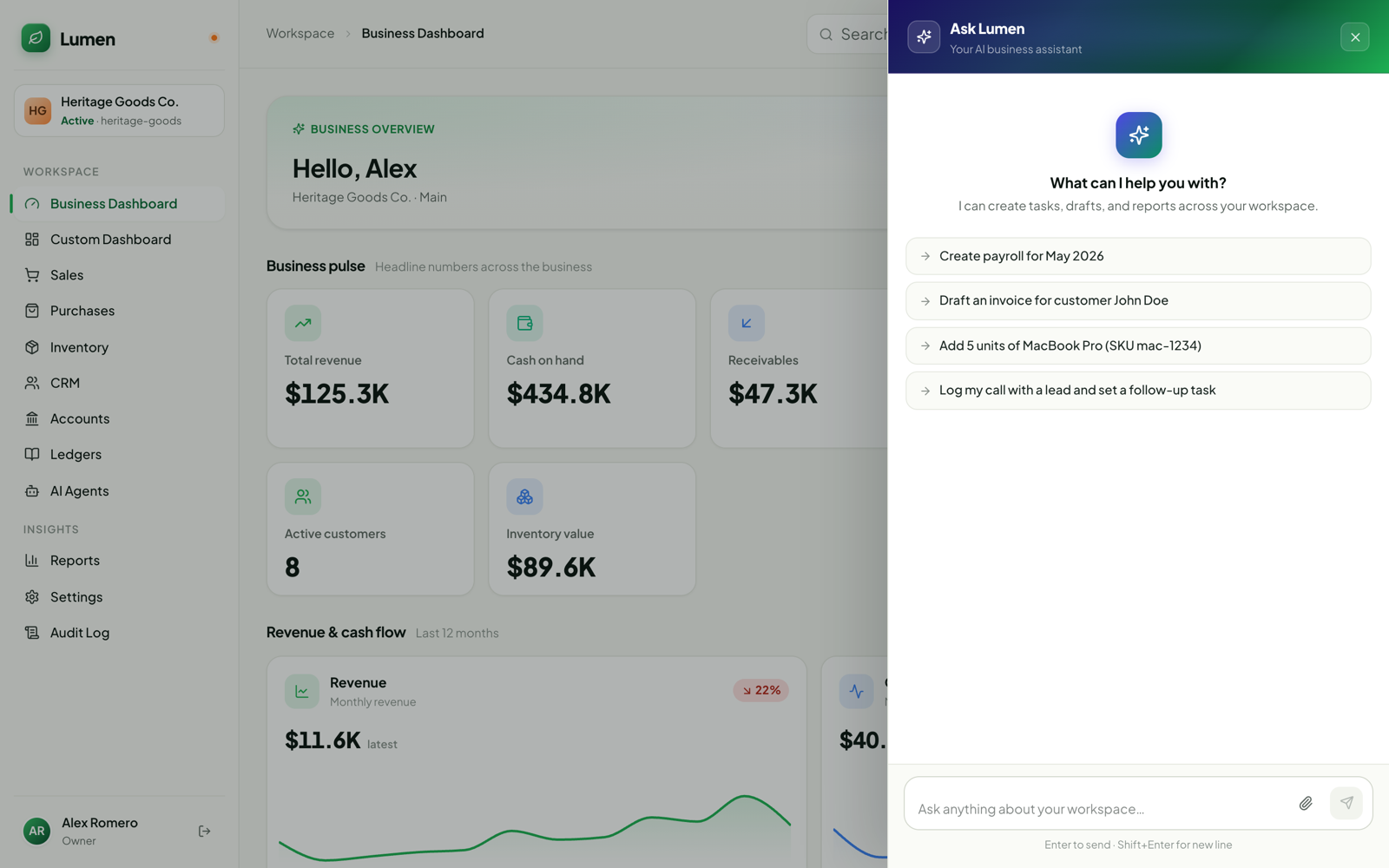 Ask Lumen open over the business dashboard, suggesting actions such as creating payroll, drafting an invoice, adding stock and logging a call